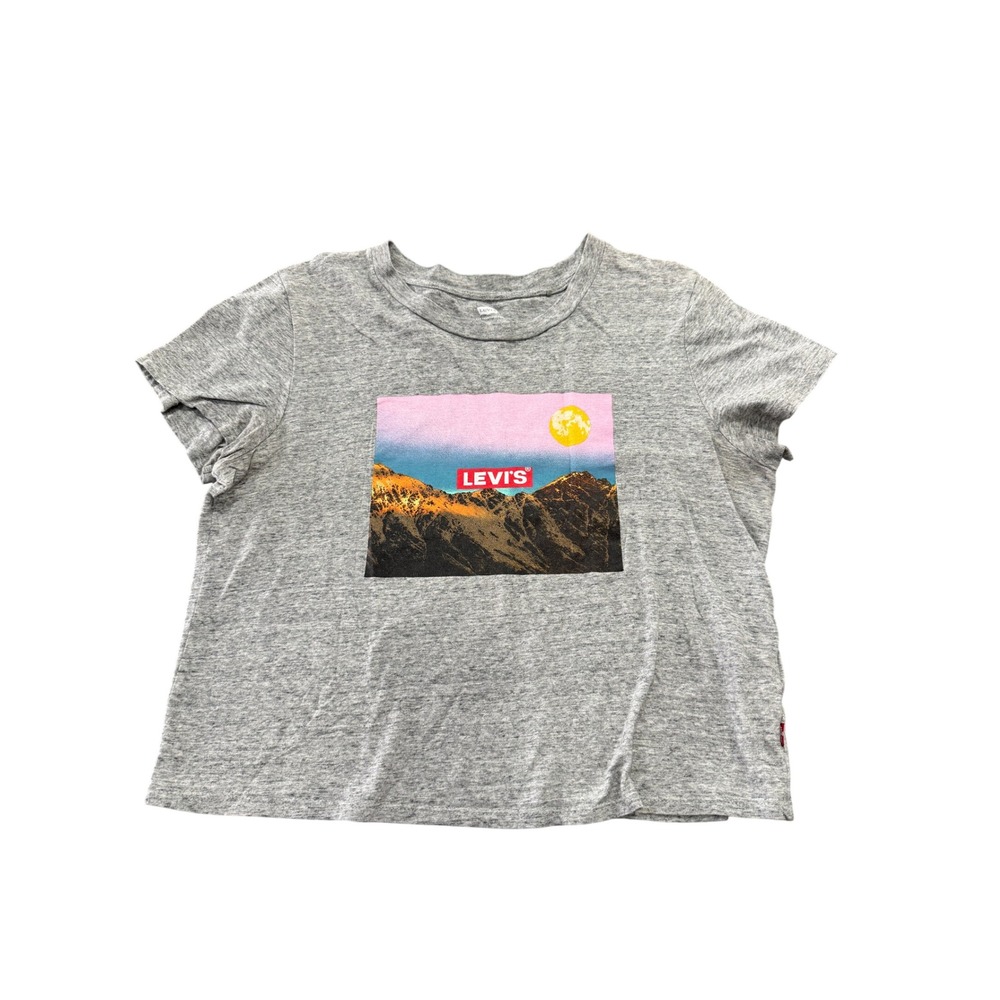 Levis Womens Graphic T-Shirt Grey Heather Mountain Moon Logo Short Sleeve Size M